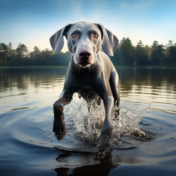 Weimaraner dog jumping in water.	
