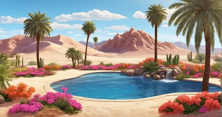 A scene of a lush oasis in the desert, featuring palm trees, a sparkling pool of water, colorful desert flowers, and sand dunes in the distance - Generative AI