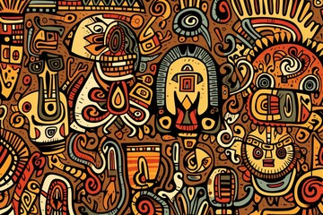 Cartoon cute doodles showcasing traditional African tribal art elements, intricately arranged to form a detailed and symbolic seamless design, Generative AI