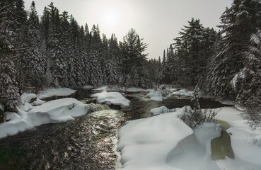 Hike along Highland Backpacking Trail during winter to hear the roar of the North Madawaska River at Provoking Falls in Algonquin Park, Ontario, Canada