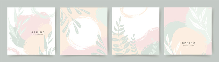 Fototapeta na wymiar Spring pastel abstract square backgrounds. Minimalistic style with flowers, leaves and texture. Vector art templates for card, banner, invitation, social media post, poster, mobile apps, web ads