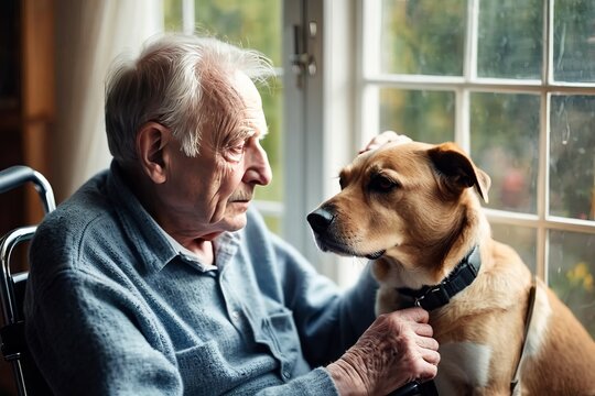 Concept friendship animal and people. Lonely sad elderly senior man in wheelchair looking out window with pet dog.