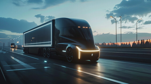 Futuristic electric truck on the highway. Modern tractors. Unusual background.