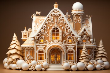 Obraz premium 3D Render of Whimsical White and Gold Christmas Gingerbread House, on an isolated Ginger Snap Brown background, Generative AI