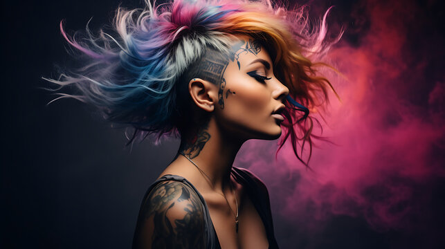 Ultra detailed photography of a woman with ombre-hair, side view, (dark room photography), (colorful dust splash in background) tattooed man, 32k resolution, best quality