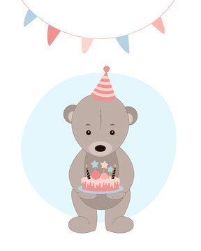 A cute teddy bear holds a birthday cake in its paws. Vector illustration on a white background.