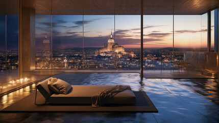 Luxurious decor with modern furnishings and panoramic views of the city skyline at dusk, reflecting comfort and elegance