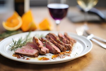 orange slices and red wine glaze over duck meat