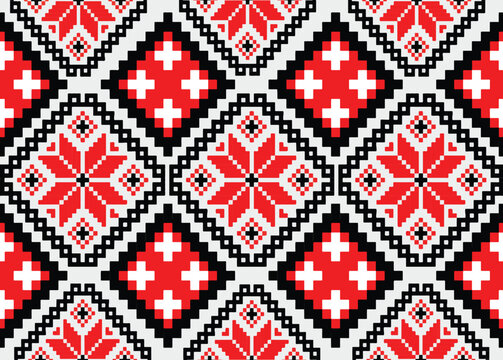 Ikat pattern fabric flower red black pixel Abstract Aztec symbol illustration geometric shape vector pattern Ethic nature native tribal work background backdrop wallpaper print textile clothing 