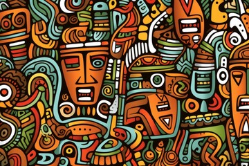 Cartoon cute doodles featuring African tribal art elements, intricately arranged to create a culturally inspired and seamless pattern, Generative AI