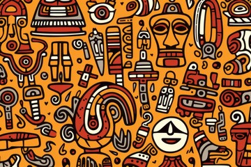 Cartoon cute doodles featuring African tribal art elements, intricately arranged to create a culturally inspired and seamless pattern, Generative AI