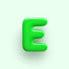 3D Green letter E with a glossy surface on a light background .