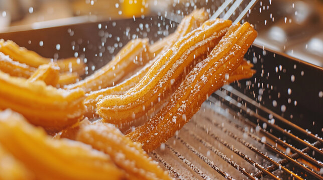 Glistening churros, a deep golden hue with a dusting of cinnamon sugar. The crispy exterior hides a soft, doughy inside, inviting indulgence.