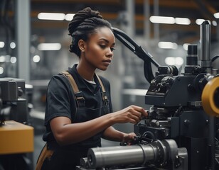 Confident female worker skillfully operating high-tech machinery in a modern automotive manufacturing setting, candid shot