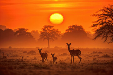 Family of African impalas standing in a savanna at sunset. Amazing African Wildlife