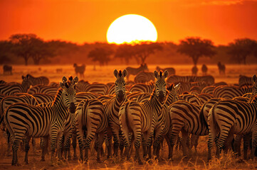 Herd of zebras in the savana at sunset. Amazing African wildlife
