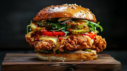smashed fried chicken burger, in buttery brioche buns, melted cheese, pepper pieces, salad, pickles, fried oignons, chili sweet sauce, haute cuisine, gault millau minimalistic presentation, dark wood, - obrazy, fototapety, plakaty