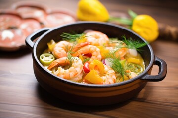 shrimp pil pil in a sizzling clay dish with herbs