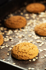 Craft and rustic four oatmeal cookies. Dark food aesthetics, black background with several oat flakes.