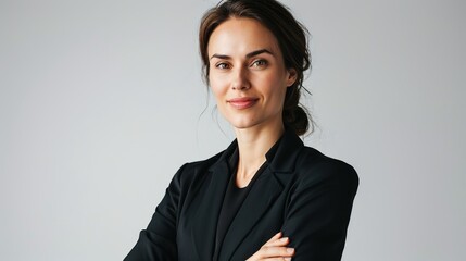 Portrait of a businesswoman, professional attire, confident demeanor on gray background.