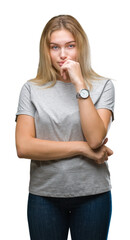 Young caucasian woman over isolated background looking confident at the camera with smile with crossed arms and hand raised on chin. Thinking positive.