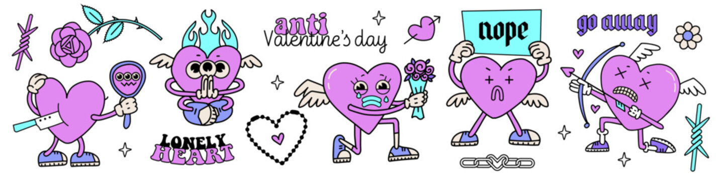 Set of retro cartoon hearts and funny grungy elements. Collection of comic characters in trendy y2k psychedelic weird cartoon style. Trendy neon 2000s Anti valentines day concept. Vector illustration