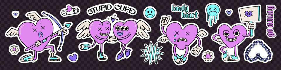 Anti valentines day stickers pack with heart shaped characters. Spooky and creepy element for valentine's day. Great for greeting card, invitations, tapestry for printing on T-shirts , stickers, mugs - obrazy, fototapety, plakaty