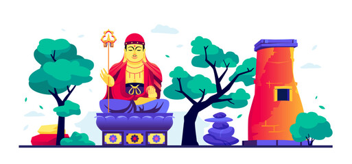 Haedong Yonggungsa Temple - modern colored vector illustration with statue of buddha, tower of stones for balance and peace. Zen mood and serenity of South Korea. Nature, trees and sights idea