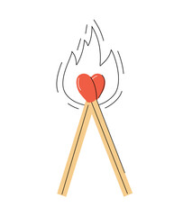 Two matches forming a heart with fire flame