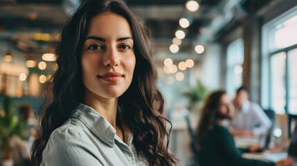 A stunning businesswoman is in front of her crew.