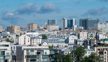 View of residential and office buildings in the center of the Russian capital in the early summer morning.