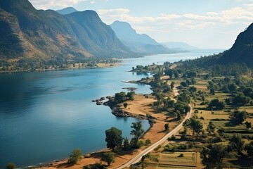 Landscape of Malawi with lake and mountains. Aerial drone view. Generative AI Art. Beautiful view.