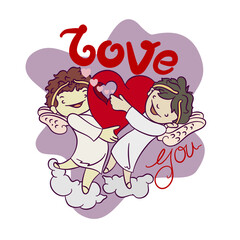 two cupid with heart and love you