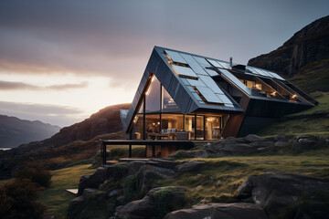 futuristic modern house in the mountains - Powered by Adobe