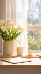 White tulips in vase, cup of coffee and laptop on wooden table near window