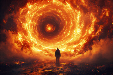 a man stands in the middle of an underground hellfire - obrazy, fototapety, plakaty