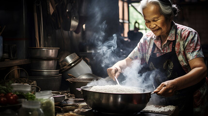 Asian grandmother cooks traditional dishes in a dim, cluttered kitchen, preserving cultural...