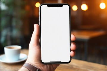 Mockup of a hand holding black smartphone with blank white screen in cafe