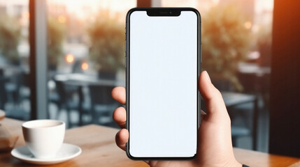 Mockup of a hand holding smartphone with blank white screen in cafe