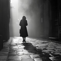 Silhouette of a woman in a coat walking along a deserted street of an old  city
