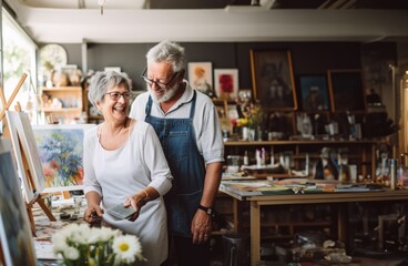 Fototapeta na wymiar In their art studio, the older couple bonds over a shared passion, capturing imaginative moments through sketches and creative collaboration