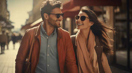 Stylish Couple Enjoying a Sunny City Stroll, elegant couple walks hand in hand, sharing laughter on...
