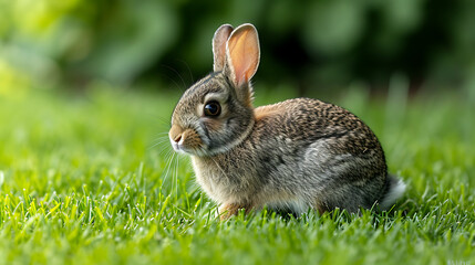 Fototapeta premium A cute cottontail rabbit, with its fluffy white tail and brown fur, is nibbling on fresh green grass in a peaceful meadow, Backlighting, Surrealism.