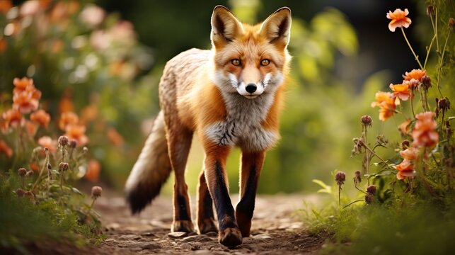 Graceful red fox standing in the middle of a sun kissed meadow on a beautiful summer day.