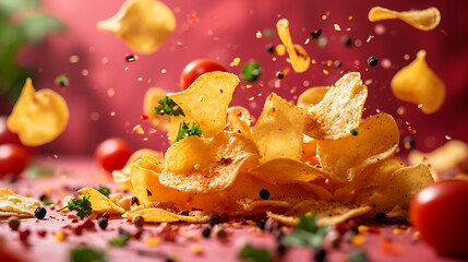 Obraz na płótnie Canvas Commercial food photography; crispy and crunchy chips surrounded by spices flying in the air against a plain red background, studio light