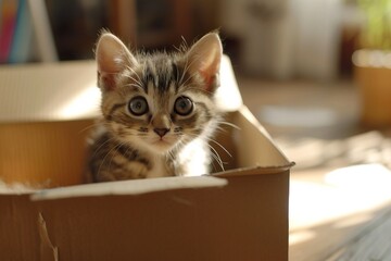 adorable stock photo of a kitten in a cardboard box