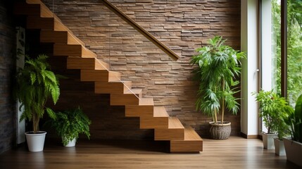 Rustic wooden staircase and stone cladding in cozy hallway of modern home interior design