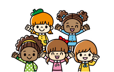 clipart of multicultural girls smiling and waving