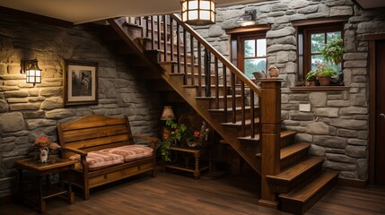 Cozy modern entrance hall with rustic wooden staircase and stone cladding wall in a warm home
