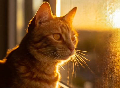 Domestic cat looking through the window at home at sunset golden hour on winter, closeup photography